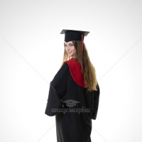 Gabardine master's academic gown with red hood and tassel
