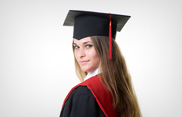 Gabardine master's academic gown with red hood and tassel